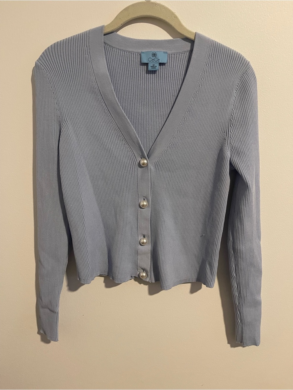CeCe Powder Blue Ribbed V-Neck Cardigan with Pearl Buttons